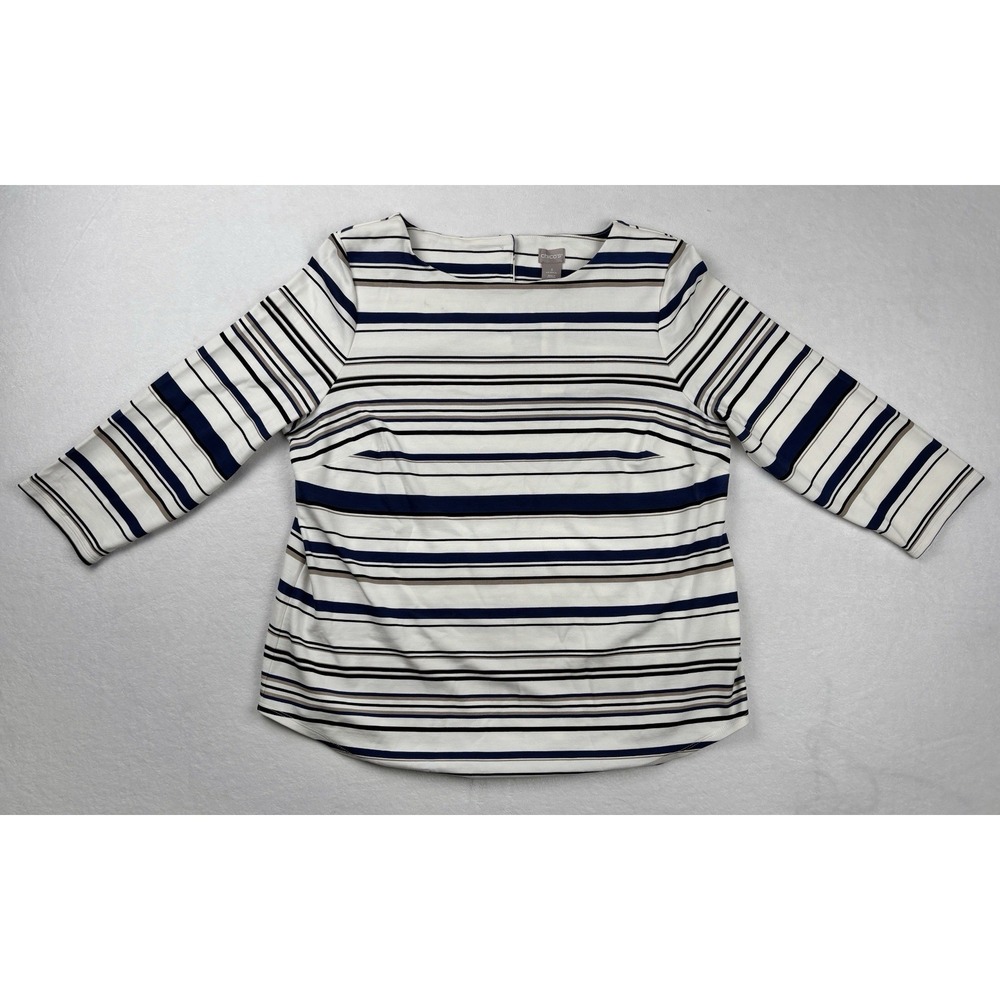 Chico's Striped 3/4 Sleeve Ponte Knit Top White Blue Women's XL NWT